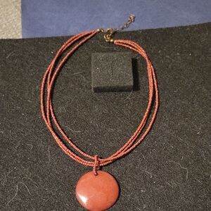 Source Unknown Red Multi-Strand Beaded Necklace with Round Pendant